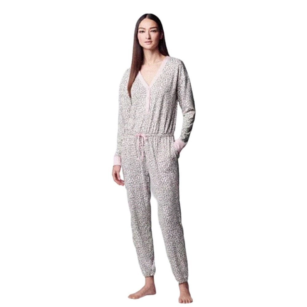Simply Vera Wang Womens White Pink Animal Print Pockets Onesie Pajamas Sz L New
